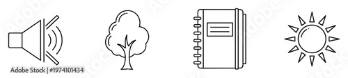 Set of line art symbols featuring speaker mute, tree, notebook, and sun for versatile digital design and user interface applications