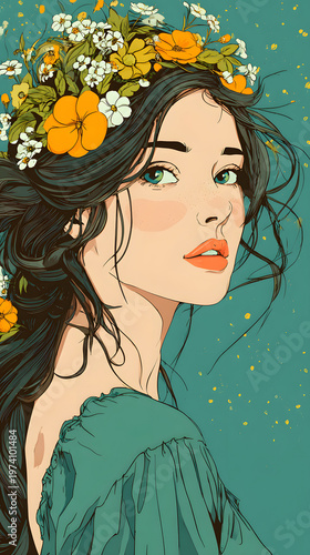 Woman with flower crown and green background looking to the side in late spring setting