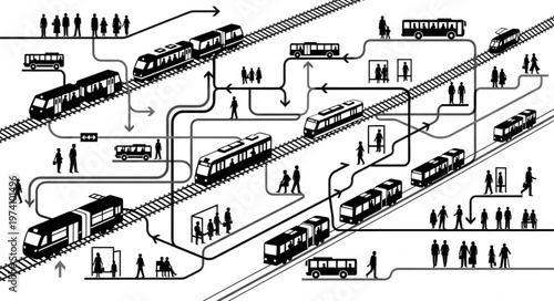 Diagram of a complex public transportation system with trains and people.