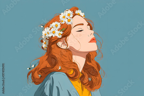 Woman with red hair wearing a flower crown shows calm expression against a blue background