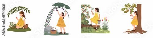 Flat illustration set of a little girl in a yellow dress picking different types of berries in a garden and forest during summer.