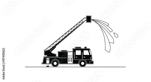 Simple black and white illustration of a fire truck spraying water