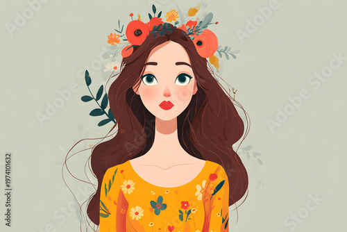 Young woman with long hair and floral crown standing against a plain background looking thoughtful