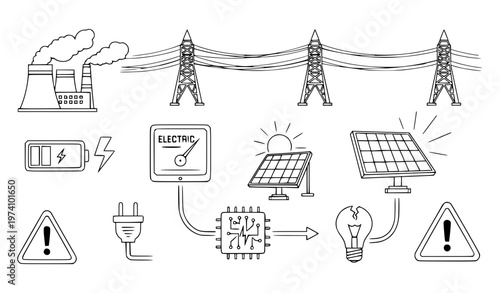 set of hand drawn vector illustration Energy Grid and Electricity System Line Icon Vector Collection for Power and Utility Design