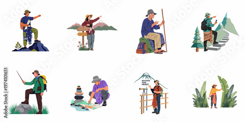 Set of Diverse Characters Hiking and Exploring Mountains, Featuring Men and Women in Outdoor Gear with Traditional Cultural Elements