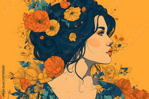 Woman with flowers in her hair and bright background in an artistic style