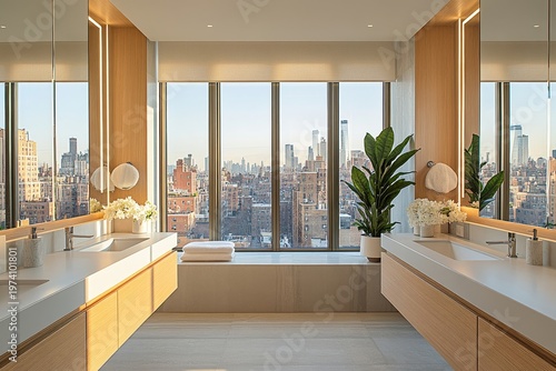 Modern bathroom with two mirrors and sinks, minimalistic style with large windows showing city buildings, offering a light and airy atmosphere, Generative AI