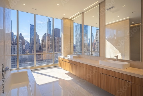 Modern bathroom with two mirrors and sinks, minimalistic style with large windows showing city buildings, offering a light and airy atmosphere, Generative AI