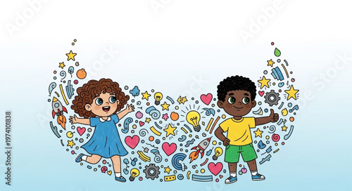 Diverse Children in a Crescent Moon Shape Filled with Icons.