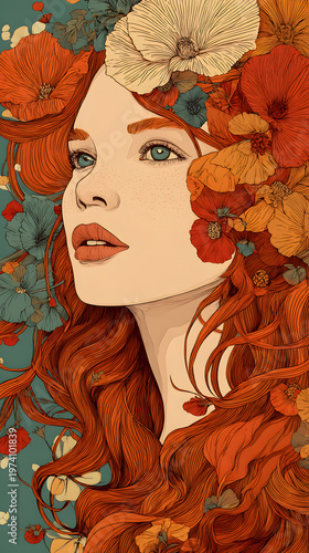 Woman with red hair and flowers in her hair enjoys nature in a colorful setting