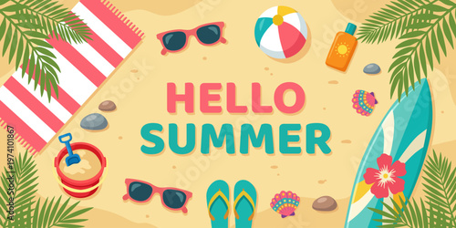 Hello summer banner with beach illustration and summer elements like flip flops, sunglasses, surfboard, and tropical leaves. Flat design for holiday promotions, posters, and social media.