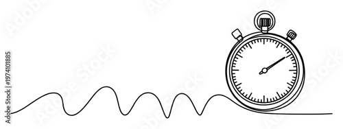 Simple line drawing of a stopwatch with a flowing wavy line representing time measurement, speed, or progress for business presentations or athletic event tracking applications