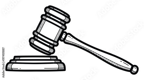 Official wooden judge gavel and sound block outline for legal proceedings, court decisions, and law related graphic design projects