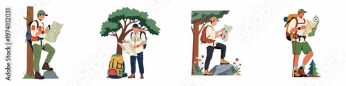 Set of flat illustrations featuring male hikers with backpacks, maps, and compasses navigating through various nature landscapes.