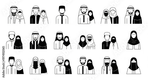 Diverse depictions of Arab families in traditional attire, black and white.