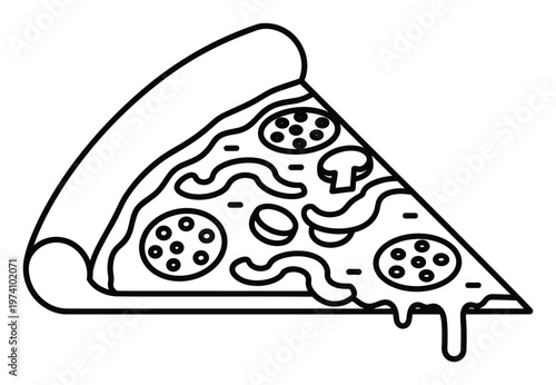 Savory triangular pizza slice topped with pepperoni, mushrooms, and olives, featuring melting cheese, ideal for food advertisements, culinary marketing, and pizzeria promotions