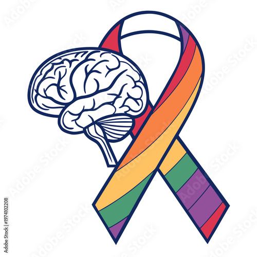 Mental health awareness ribbon with brain in outline for neurological and psychological support and understanding medical illustration.