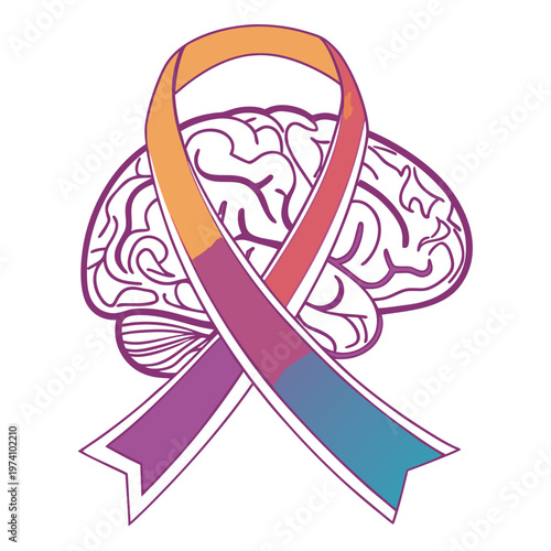 Brain and colorful awareness ribbon for mental health support and understanding of neurological and psychological conditions.