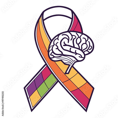 Mental health awareness ribbon with human brain illustration for support and understanding of neurological and psychological conditions.