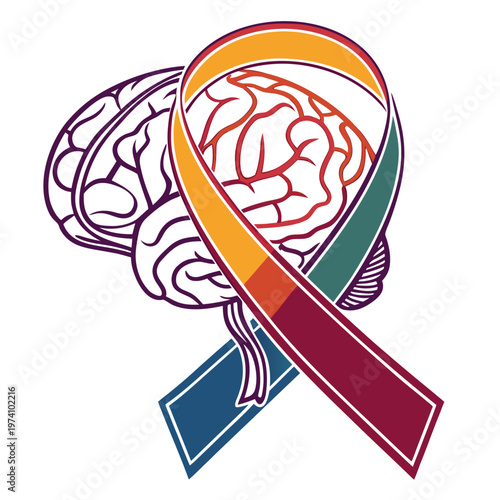 Mental health awareness ribbon with human brain illustration for support and understanding of neurological and psychological conditions.