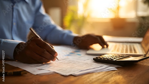Business person hands working on tax return form with calculator laptop and financial documents on desk