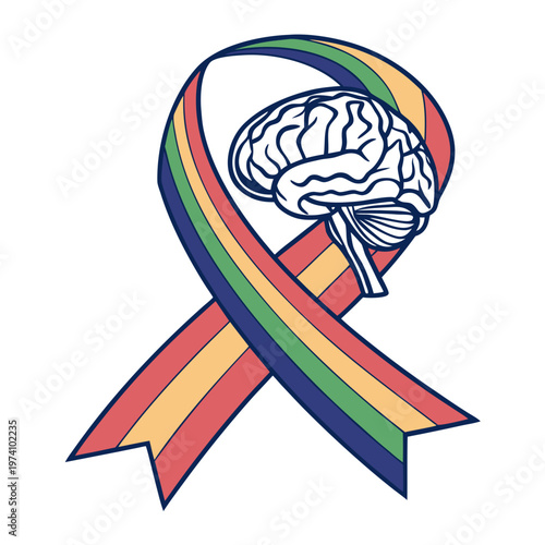 Mental health awareness ribbon with human brain illustration for support and understanding of neurological and psychological conditions.