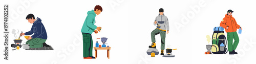 A collection of four flat illustrations depicting men camping and cooking outdoors with portable stoves and hiking gear on a white background.