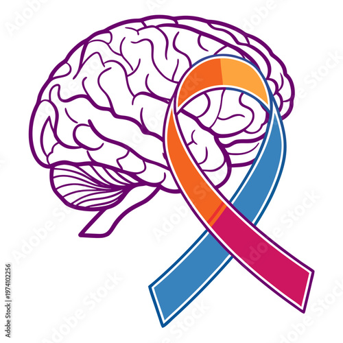 Neurological health support ribbon with human brain illustration for medical awareness campaigns and psychiatric wellness design elements in vector.