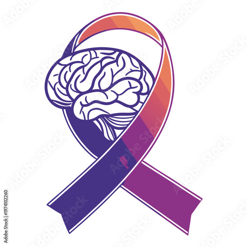 Mental health awareness ribbon and brain line art illustration representing psychological wellbeing neurology medical care and emotional support icon.