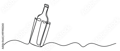 Continuous line drawing of a glass bottle in a paper bag with a flowing wavy base, ideal for beverage industry branding, restaurant menus, or sophisticated drink promotions.
