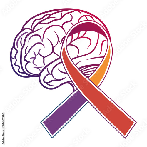Stylized brain and awareness ribbon illustration for alzheimer or epilepsy support campaigns and mental wellness psychiatric clinic branding elements.