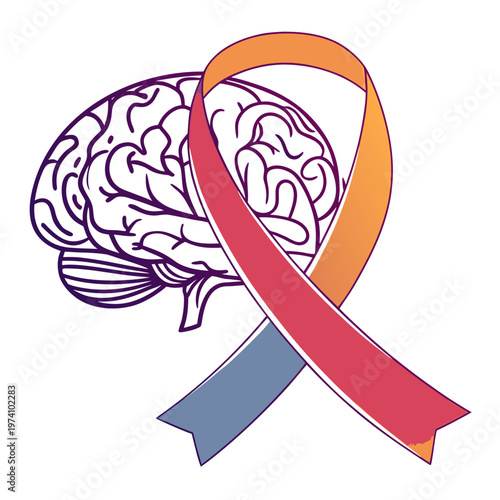 Medical brain anatomy with awareness ribbon sign for neurological disorder support and psychological counseling services graphic element in vector art.