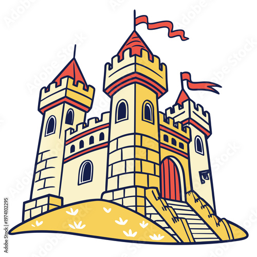 Medieval kingdom palace vector cartoon illustration of a royal residence with high towers, flags, and sturdy stone walls on a small hill.