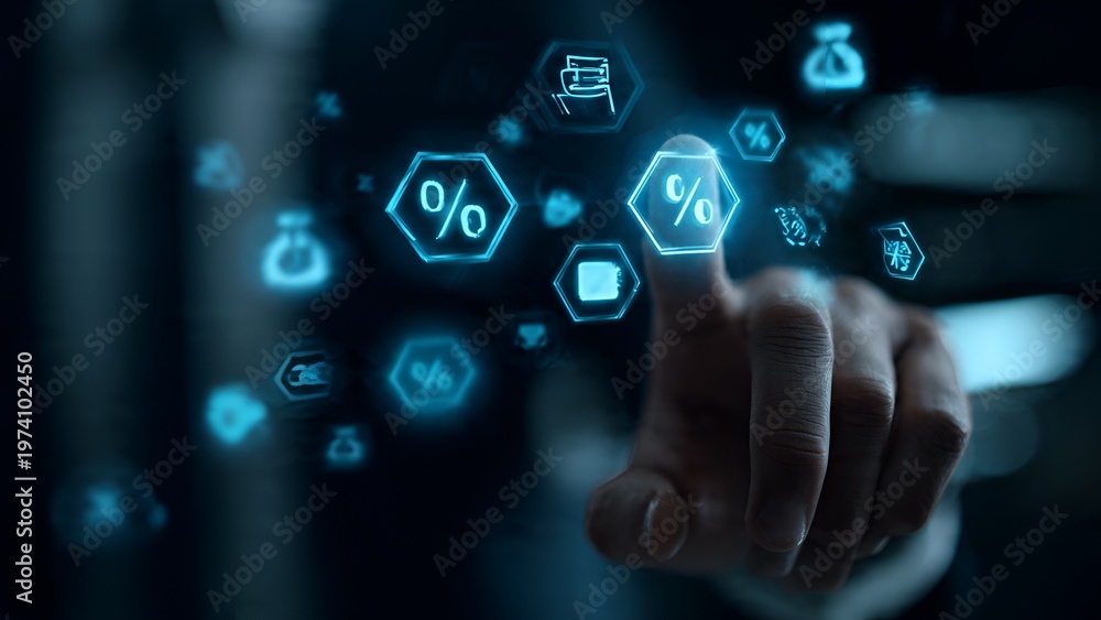 Fototapeta premium Hand touching digital holographic tax payment interface with percentage and money icons on dark background