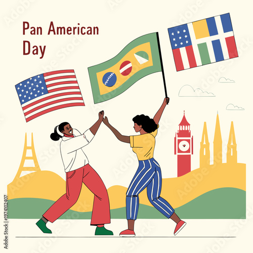 Pan american day celebration two people high five holding flags of usa brazil and european union with cityscape.