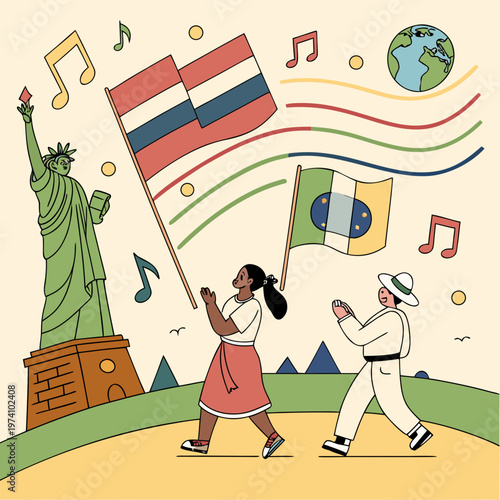 People celebrating international friendship near statue of liberty holding flags of thailand brazil europe.