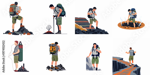 Set of flat vector illustrations depicting a male hiker with a backpack exploring extreme terrains, volcanic landscapes, and rocky trails during an adventure.