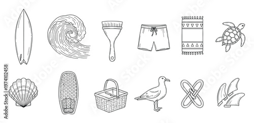 Detailed hand drawn outline collection of various beach and surfing themed objects ideal for summer vacation graphics, travel adventures, and outdoor leisure visual content