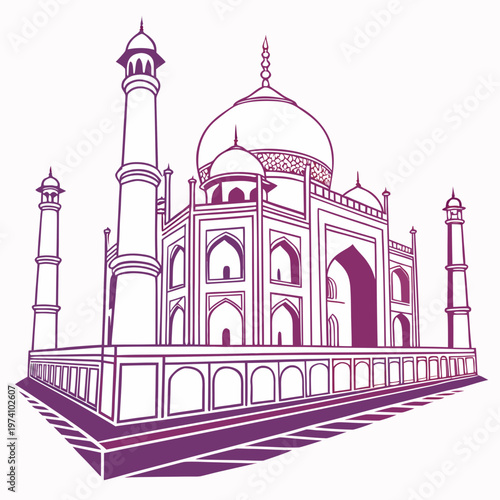 Perspective illustration of Taj Mahal from ground level with gradient purple hues and geometric base, iconic Indian monument and UNESCO site.