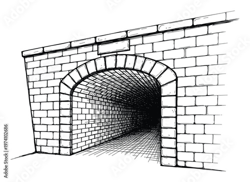 Hand drawn sketch of a brick tunnel with an arched entrance extending into darkness, creating a deep perspective view, ideal for conveying mystery, escape, or historical infrastructure