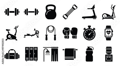 Fitness gym equipment and accessories black silhouette icons collection useful for sports health and wellness applications websites and workout projects