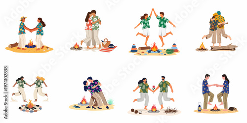 Set of diverse happy couples in tropical outfits dancing and celebrating around beach campfires on a summer vacation