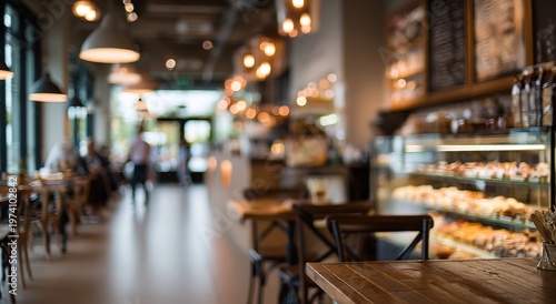 Blurred interior of a chic artisan bakery cafe featuring rustic wooden furniture and illuminated glass pastry displays under soft ambient golden lighting