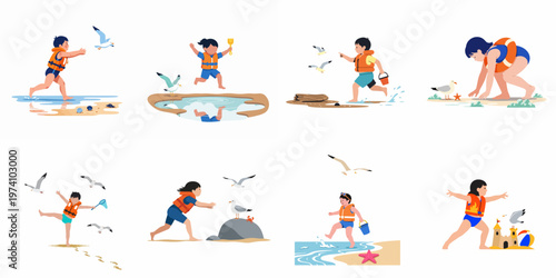 Set of Cartoon Illustrations Showing Happy Children Playing at the Beach with Life Vests, Seagulls, and Sandcastles.