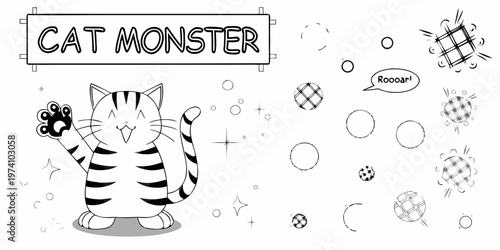 A playful cartoon cat monster waves with a speech bubble nearby