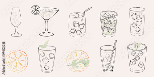 Collection of hand drawn cocktail and beverage glasses with citrus fruits