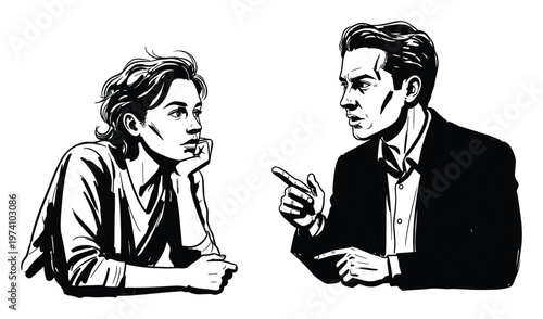 Man and woman engaged in a serious discussion or debate, with the man pointing his finger and the woman listening intently, ideal for illustrating various communication, interaction, and