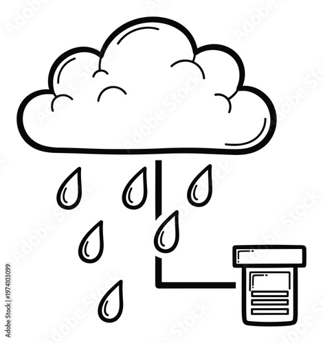 Cloud raining drops connected to a data storage box, representing digital information flow, resource collection, and cloud computing processes for various tech and business uses.