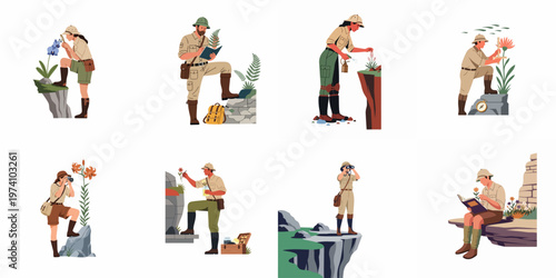 Flat Vector Illustration Set of Naturalists and Botanists in Safari Gear Studying Wild Plants and Flowers in the Wilderness