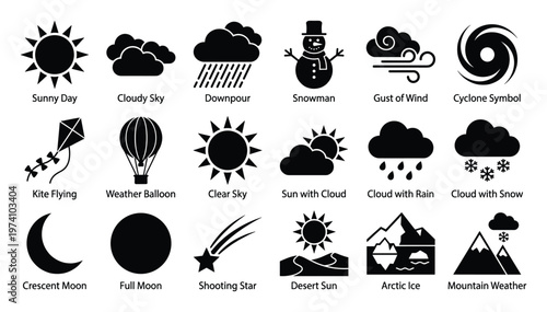 Comprehensive collection of weather forecast symbols and meteorological icons providing essential visual representation for application interfaces educational materials and climate reports.